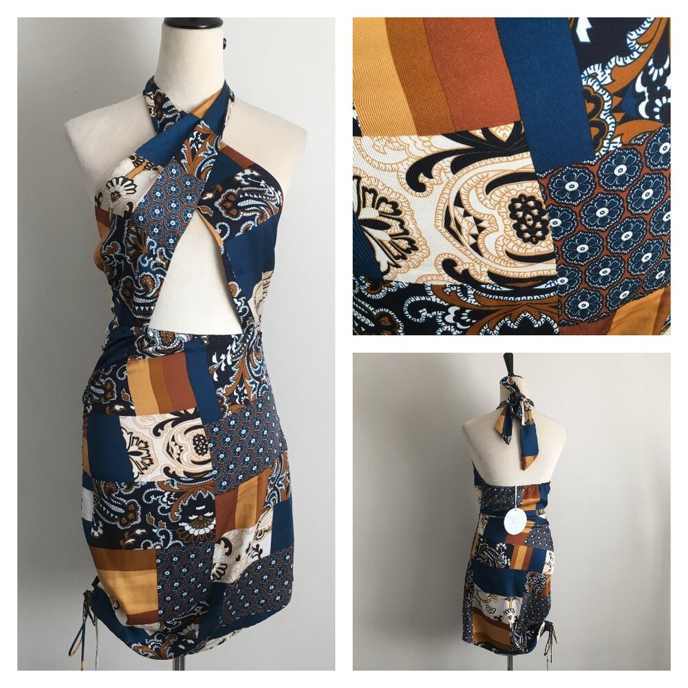NWT POLLY PRINCESS Multicolor Patchwork Criss Cross Halter Neck JENNA Mini Dress